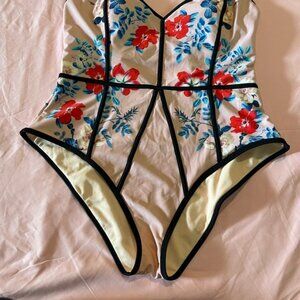 PacSun Red and Blue One Piece Swimsuit Floral Design